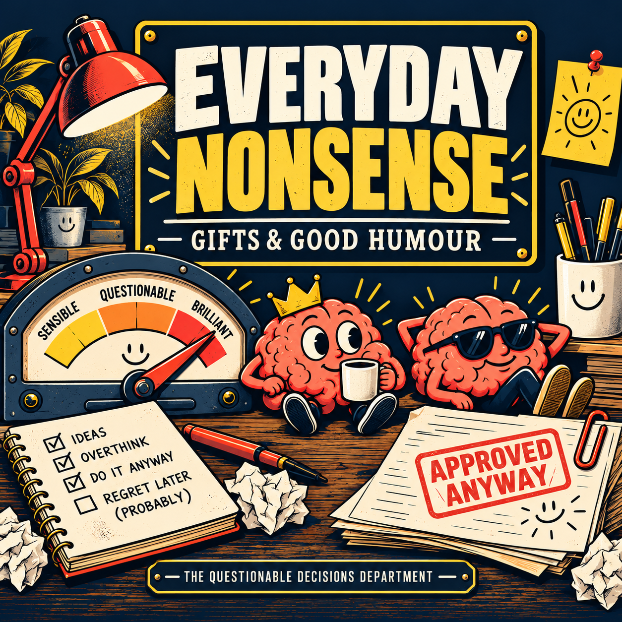 Everyday Nonsense gifts: cartoon brain mascots, coffee and a decorative humour gauge